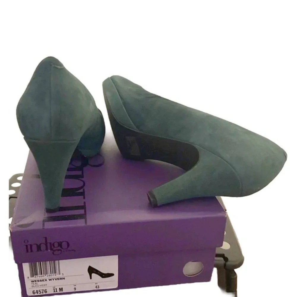 Clarks Indigo Wessex Wyvern Teal Suede Platform Pumps Heels 11M Preppy‎ 02-04